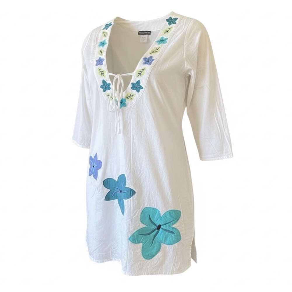 TOMMY BAHAMA 100% cotton white floral appliqué pullover swim cover size Small